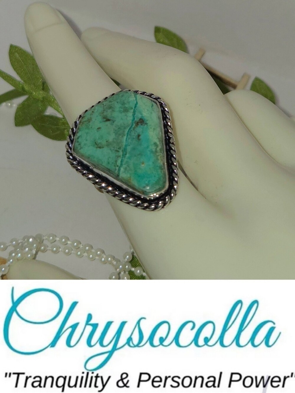 Striking Chrysocolla Gemstone Handmade Coffin Cut Halo Ring
